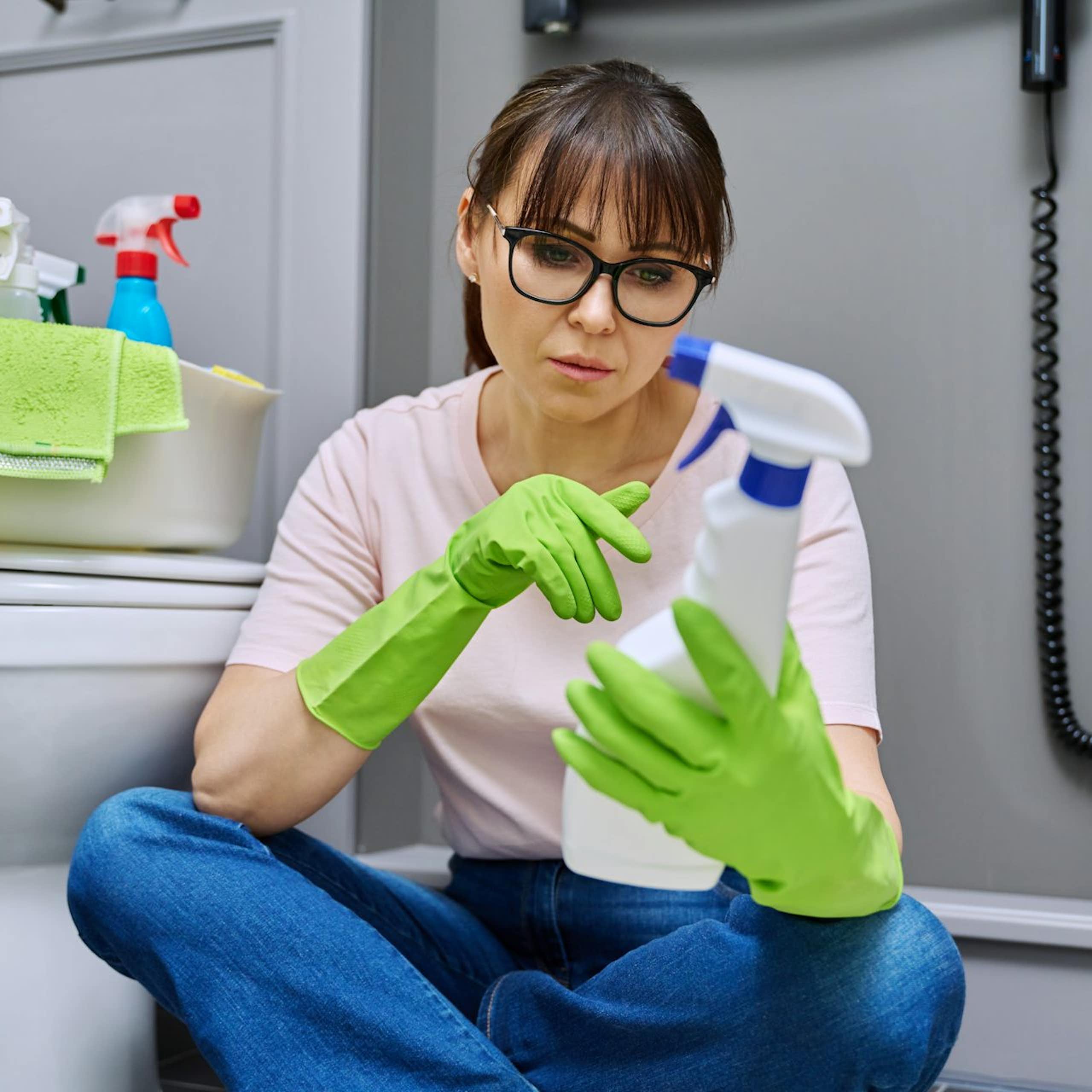 A woman appears to look at the label of a household product.