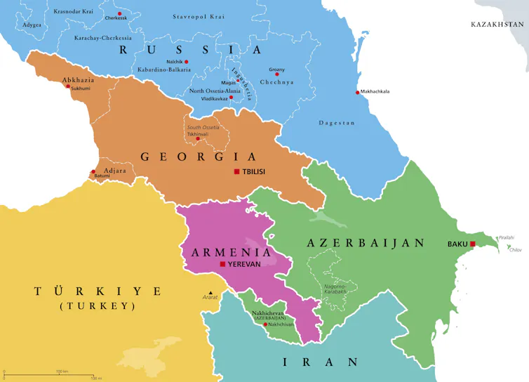 A map of the South Caucasus.