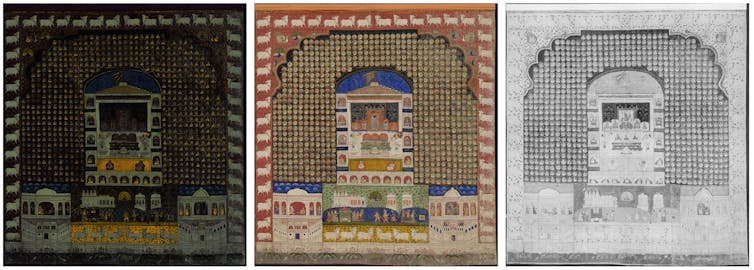 three side by side images of the same painting, but one looks very dark, one is colorful, and one is grey and white
