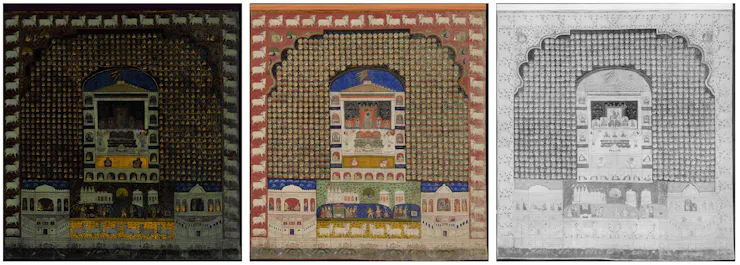 three side by side images of the same painting, but one looks very dark, one is colorful, and one is grey and white