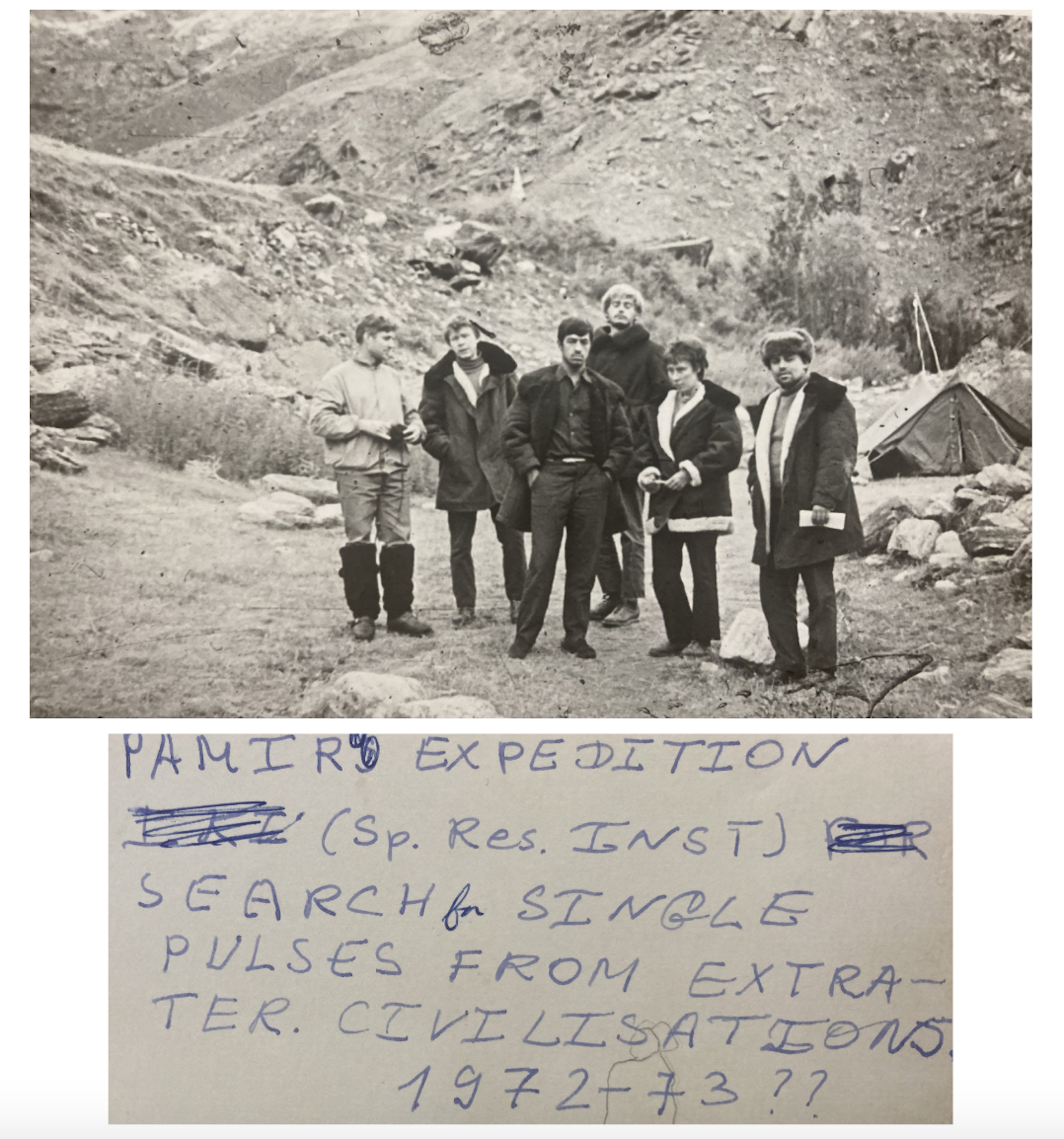 A black and white photo of a group of people gathered by a large hill, and a black and white photo of writing reading 'Pamir Expedition, Search for Single pulses from Extra-ter. civilizations'