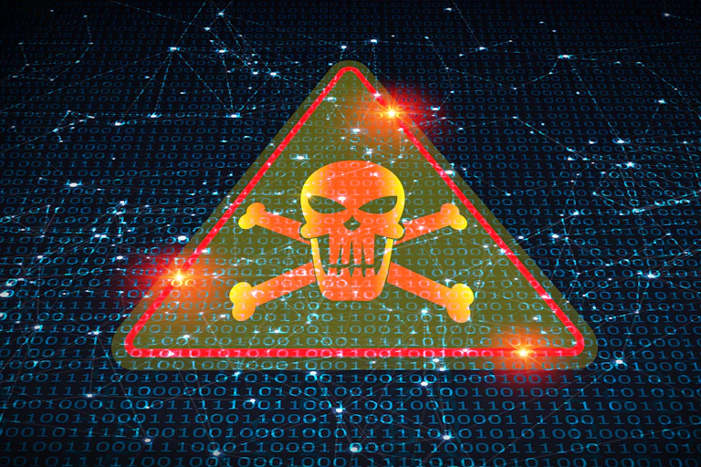 a bright red triangle surrounding a skull and cross bones against a backdrop of ones and zeros