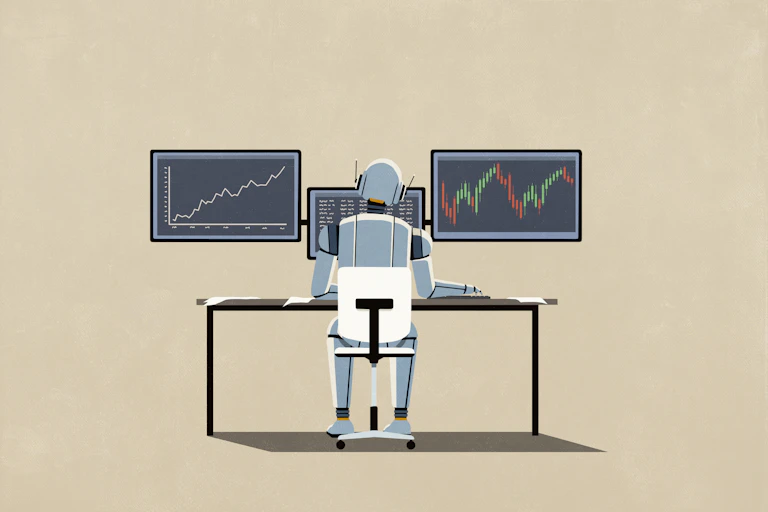 Humanoid robot working on a computer.