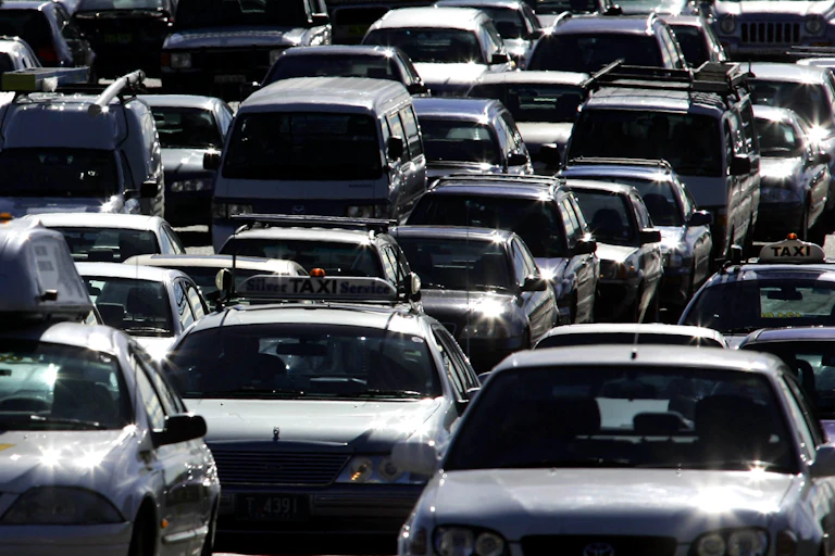 Cars in a traffic jam.