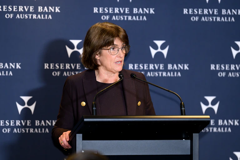 Reserve Bank of Australia (RBA) Governor Michele Bullock speaks to media during an interest rates announcement,