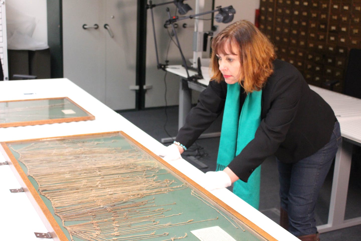 A woman looking over a glass exhibit case