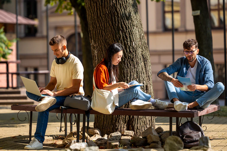 Three college students are photographed reading under a large tree.