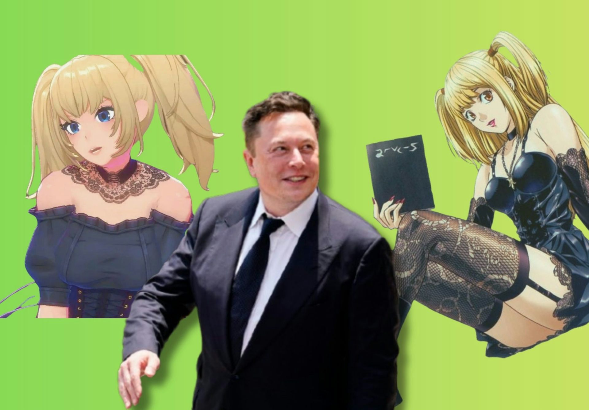 a generated composite image of a man in a suit standing next to two female anime characters dressed in black with their shoulders exposed.