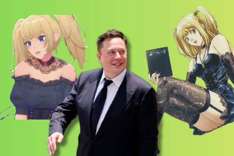 a generated composite image of a man in a suit standing next to two female anime characters dressed in black with their shoulders exposed.