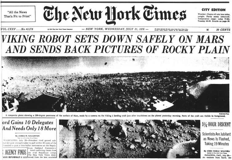 The front page of the New York Times, with a headline reading 'viking robot sets down safely on Mars and sends back pictures of rocky plain' with a picture of a rocky plain.
