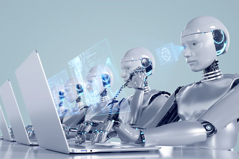 Abstract image of robots working in an office environment, including creating blueprint of robot arms making a phone call and typing on a keyboard.