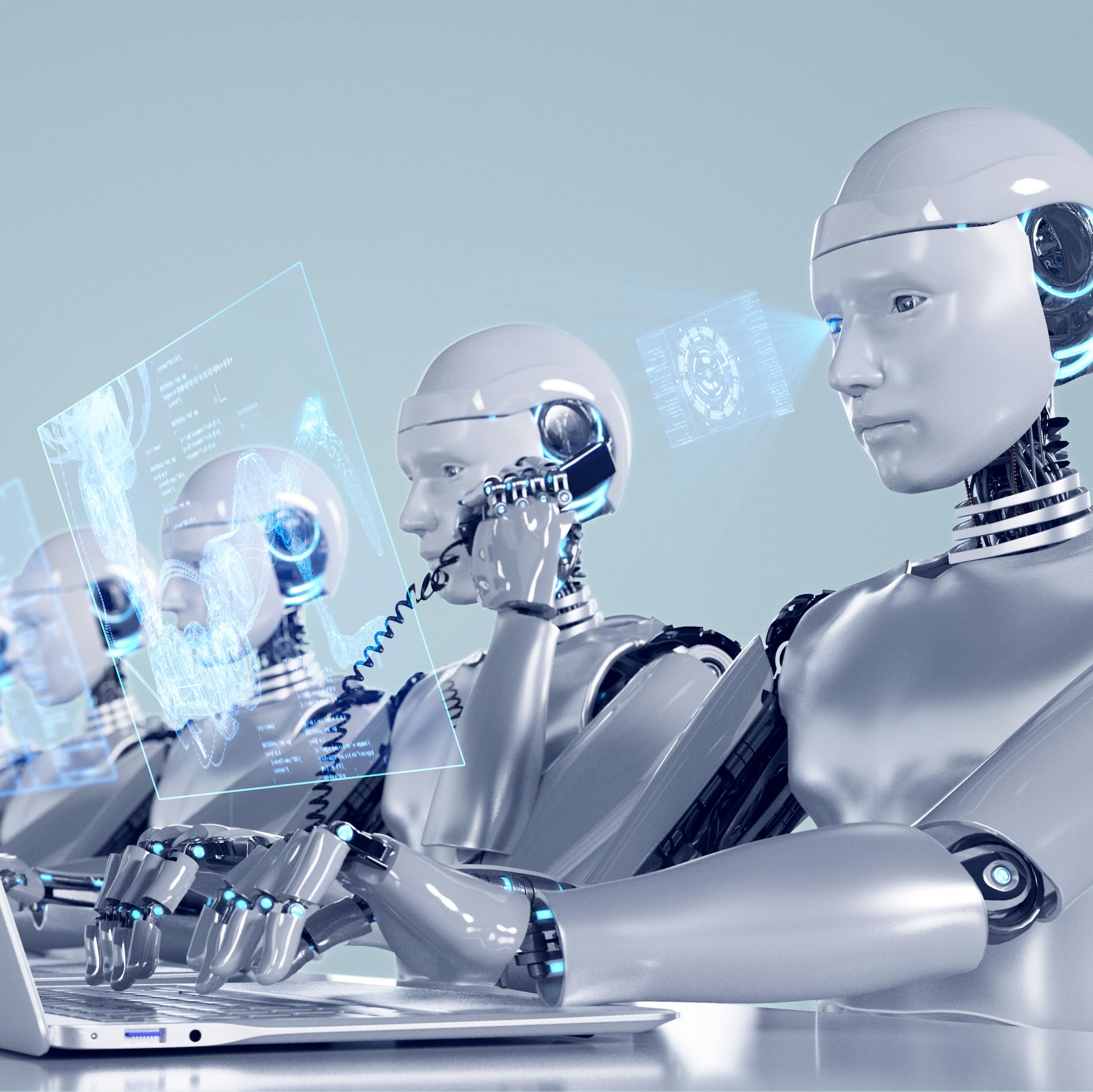 Abstract image of robots working in an office environment, including creating blueprint of robot arms making a phone call and typing on a keyboard.