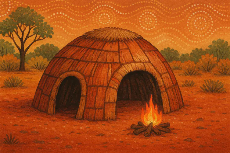 Cartoonish image of a hut with a fire, set in rural Australia, with Aboriginal art styled dot paintings in the sky.
