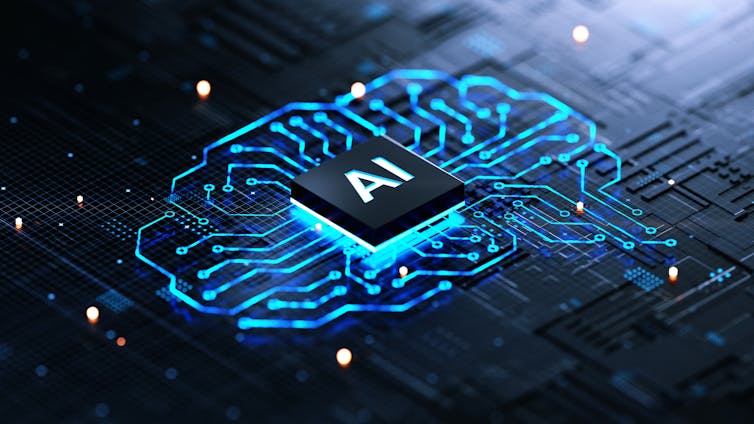 AI chip on circuit board shaped like a brain.