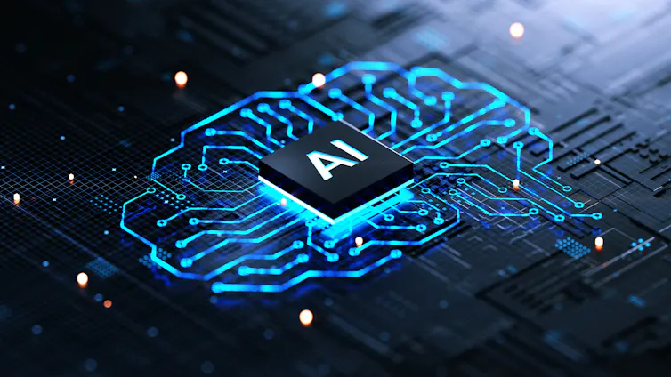 AI chip on circuit board shaped like a brain.