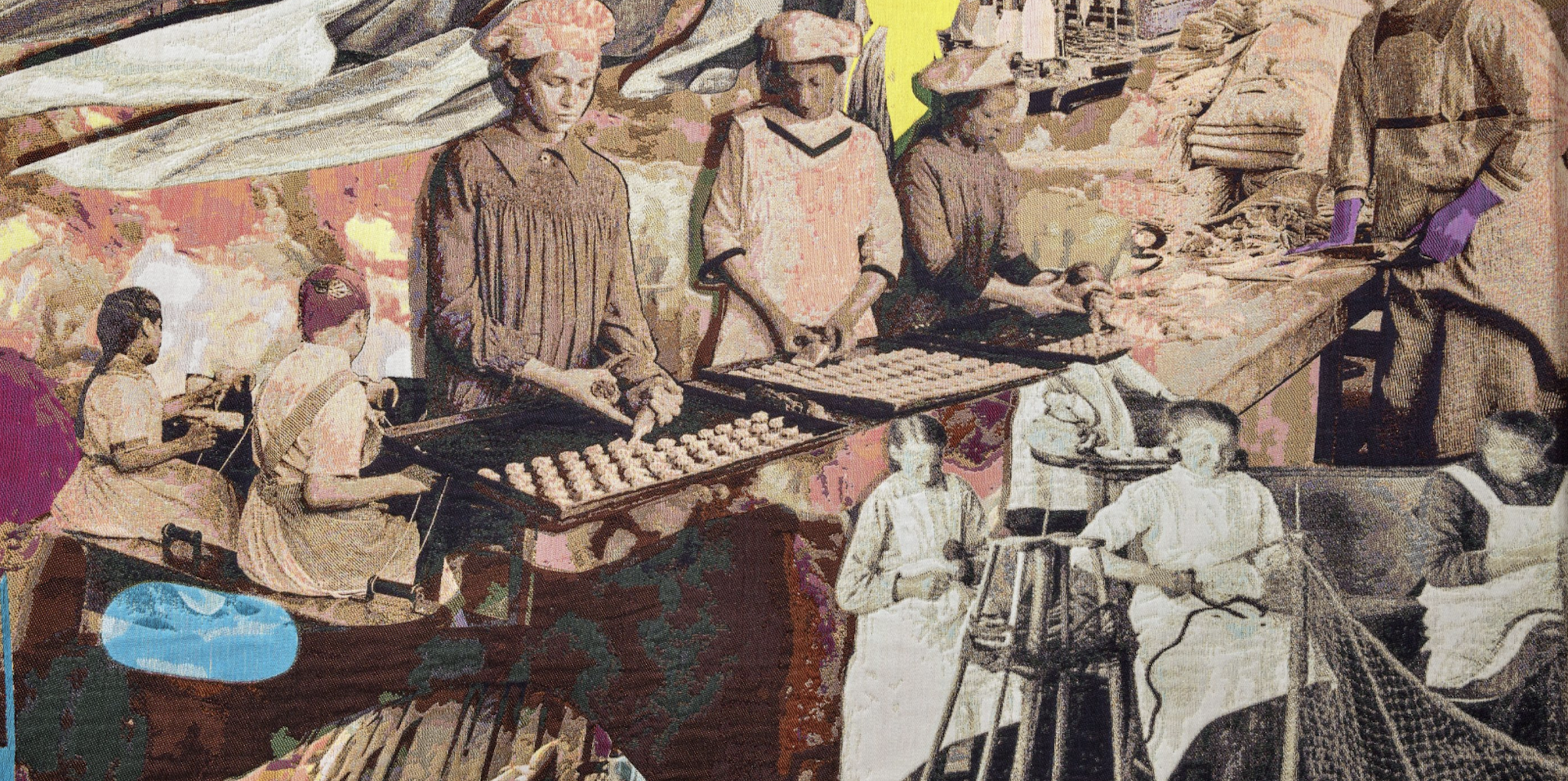 A tapestry detail of women workers throughout the ages.