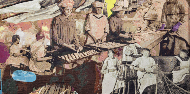 A tapestry detail of women workers throughout the ages.