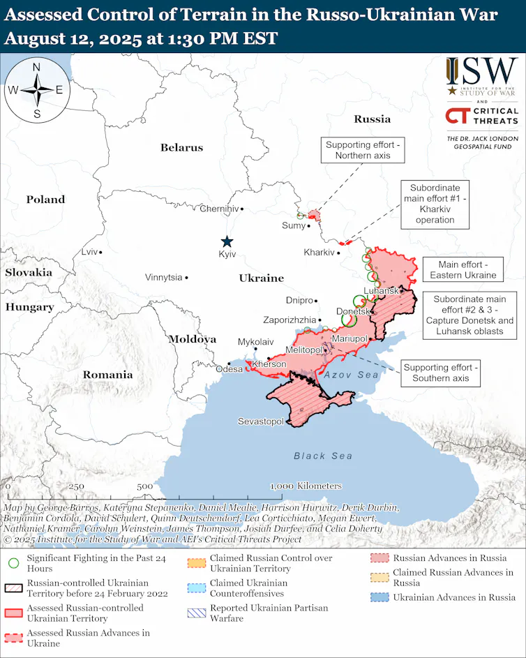 ISW map showing the state of the conflict in Ukraine as of August 12 2025.