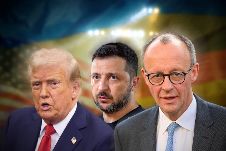 Photomontage with US president DOnald Trump, UKrainian president Volodymyr Zelensky and German chancellor Friedrich Merz