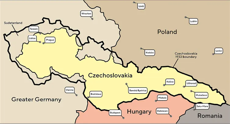 Map of Czechoslovakia in 1938 with Sudetenland.