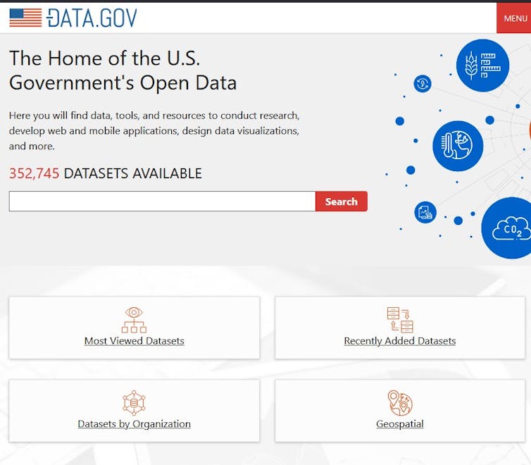 Webpage showing a search bar, several categories of data, and a mission statement about open government data