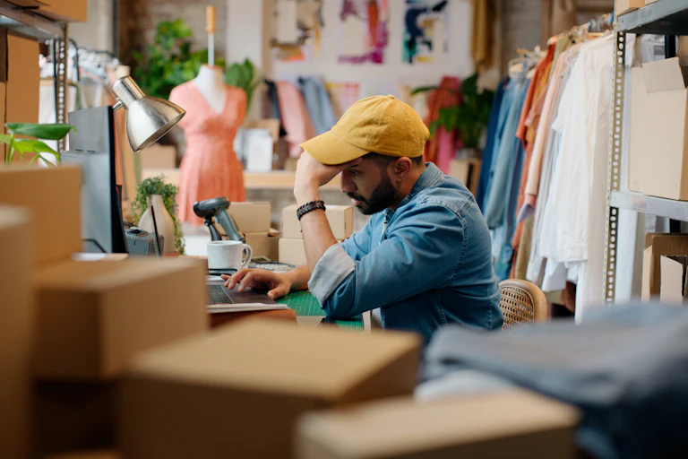 Small businessman looking stressed surrounded by boxes and clothes.