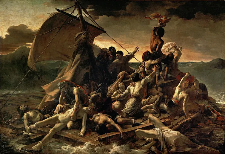 a painting showing people clinging to life on a raft