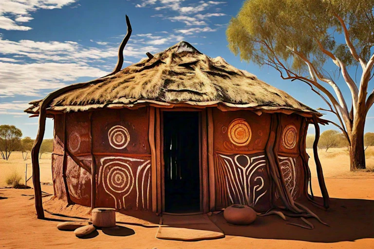 A clay hut with First Nations art motifs under a blue sky on red dirt with a gum tree in the background.