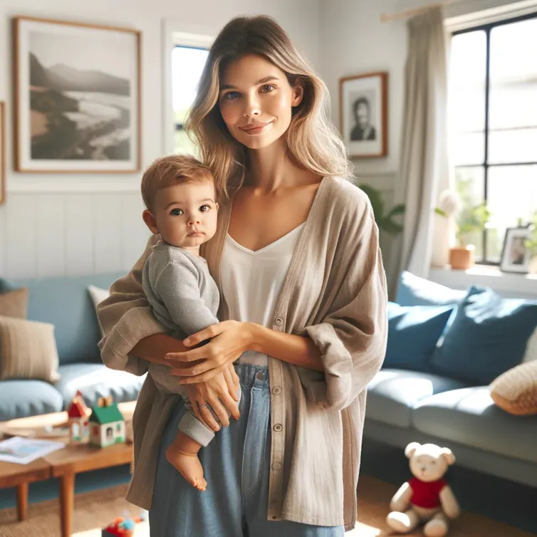 A white woman with eerily large lips stands in a pleasant living room holding a baby boy and wearing a beige cardigan.