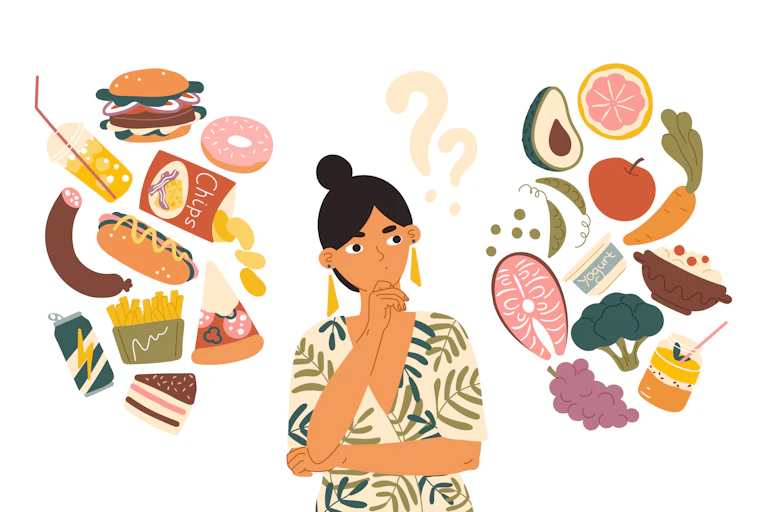 A cartoon woman trying to decide between healthy or unhealthy foods.