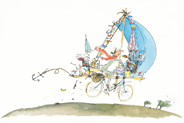 An illustration by Quentin Blake showing a woman riding a bike with a big sail propelling it at the front.