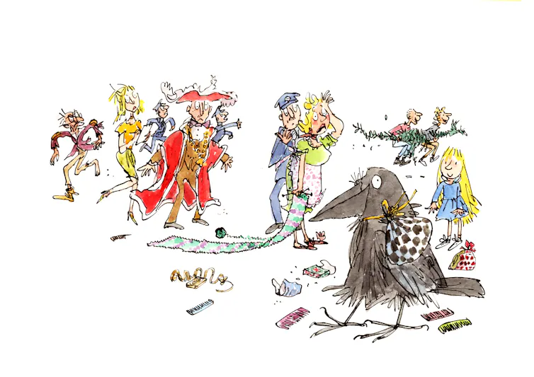 A children's book illustration by Quentin Blake showing a large crow, a little girl and assorted townspeople looking perplexed.