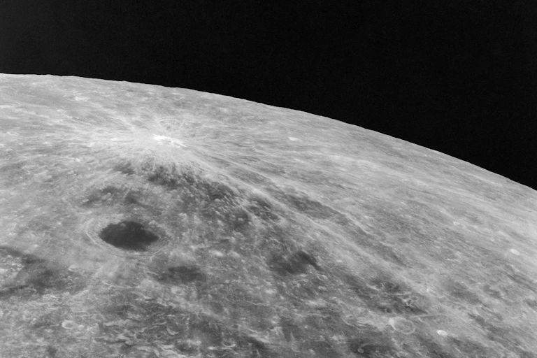 A photo of the Moon taken from above its surface.