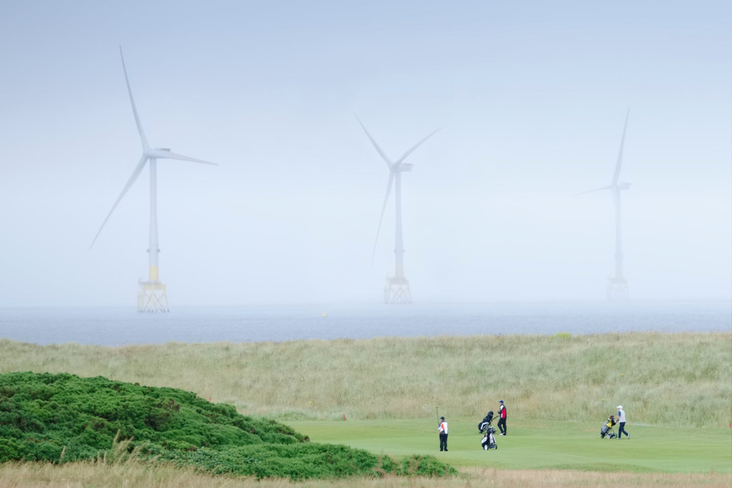 golf course with wind farm in background