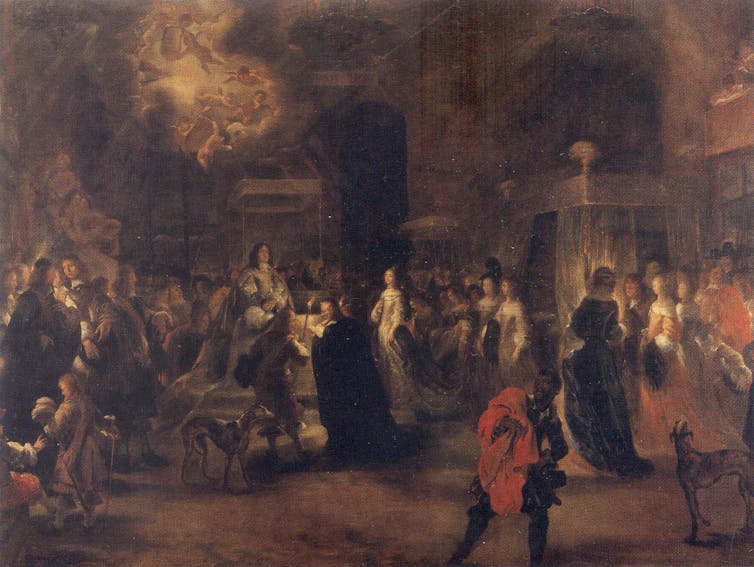 A dark, blurry painting of people in aristocratic dress milling about a large, airy chamber with several beds in it.