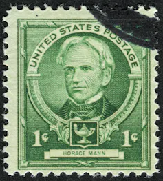 an old greenish stamp has the face of a man in the center, with the words united states postage, 1 cent and Horace Mann