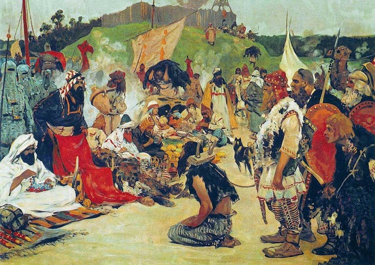 A 1909 painting of trade negotiations between Rus traders and Eastern Slav locals in the 10th century