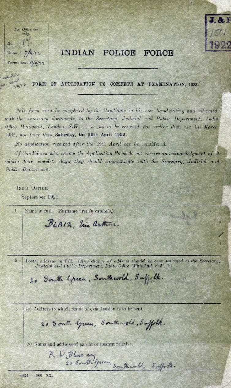 An antique-looking application to join the Indian Police Force.