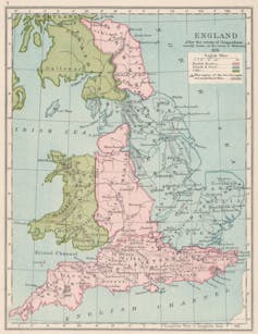 A 1907 map showing England's distinct territories in 878.