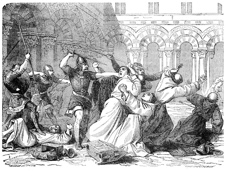 An etching of Viking raiders killing monks on the holy island of Lindisfarne.