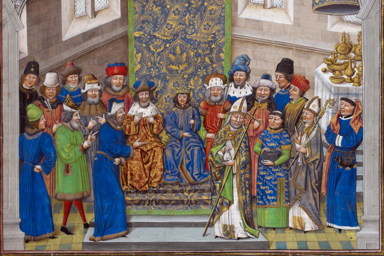 Une illustration médiévale aux couleurs vives représentant plusieurs hommes assis sur un trône, tandis que d'autres s'agitent autour d'eux.