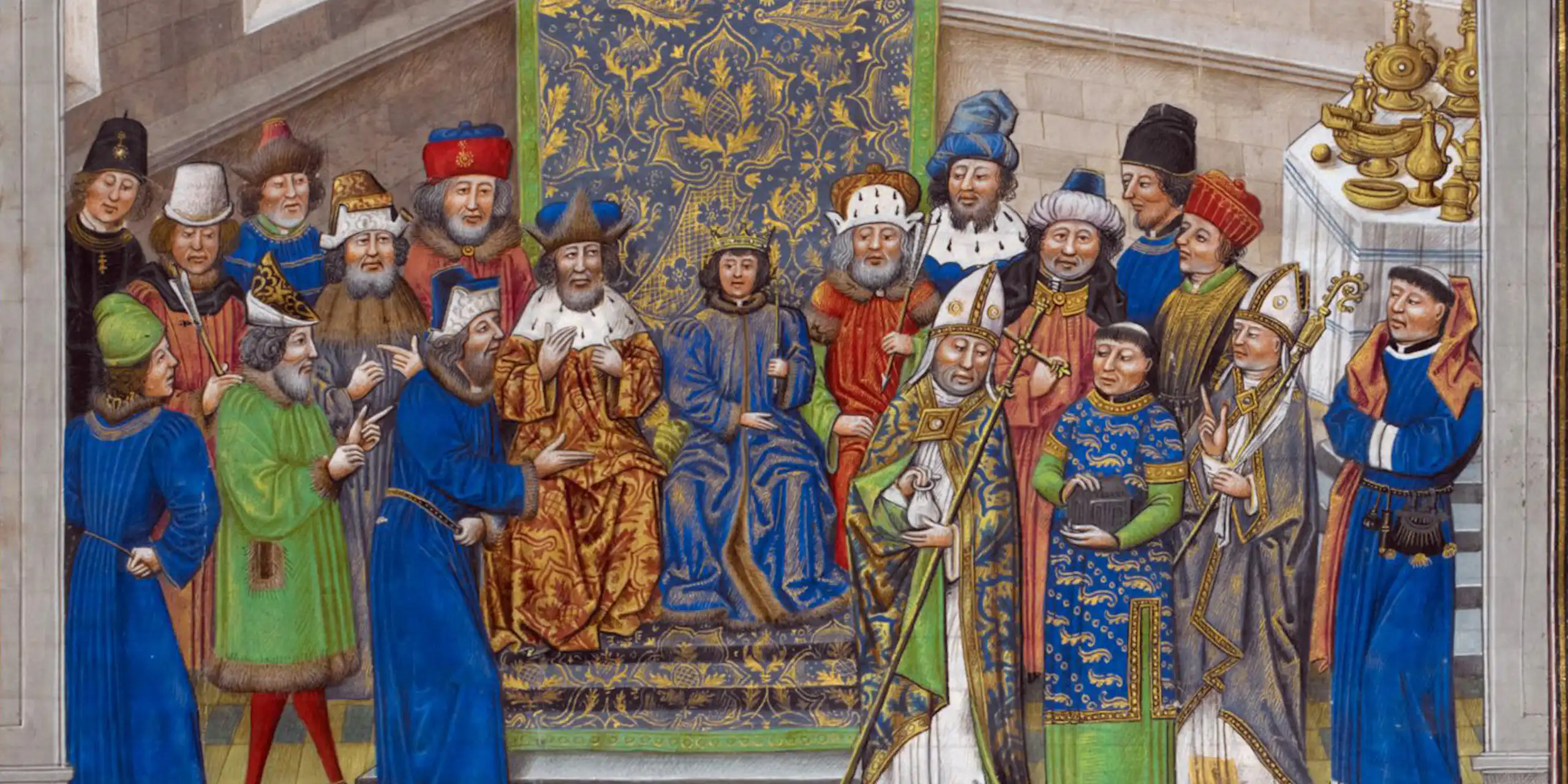Une illustration médiévale aux couleurs vives représentant plusieurs hommes assis sur un trône, tandis que d'autres s'agitent autour d'eux.