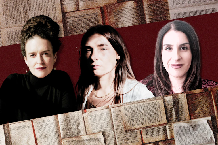 Composite image of three women against a maroon background showing pages from books