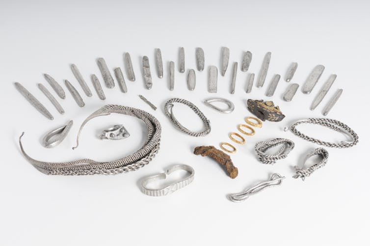 Silver and gold items from the Viking-era Bedale hoard.