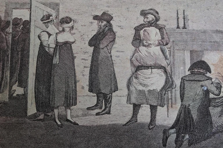 Illustration of blindfolded people in a pub