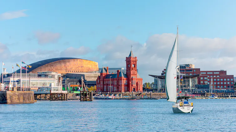 Cardiff skyline beyond the waterfront.