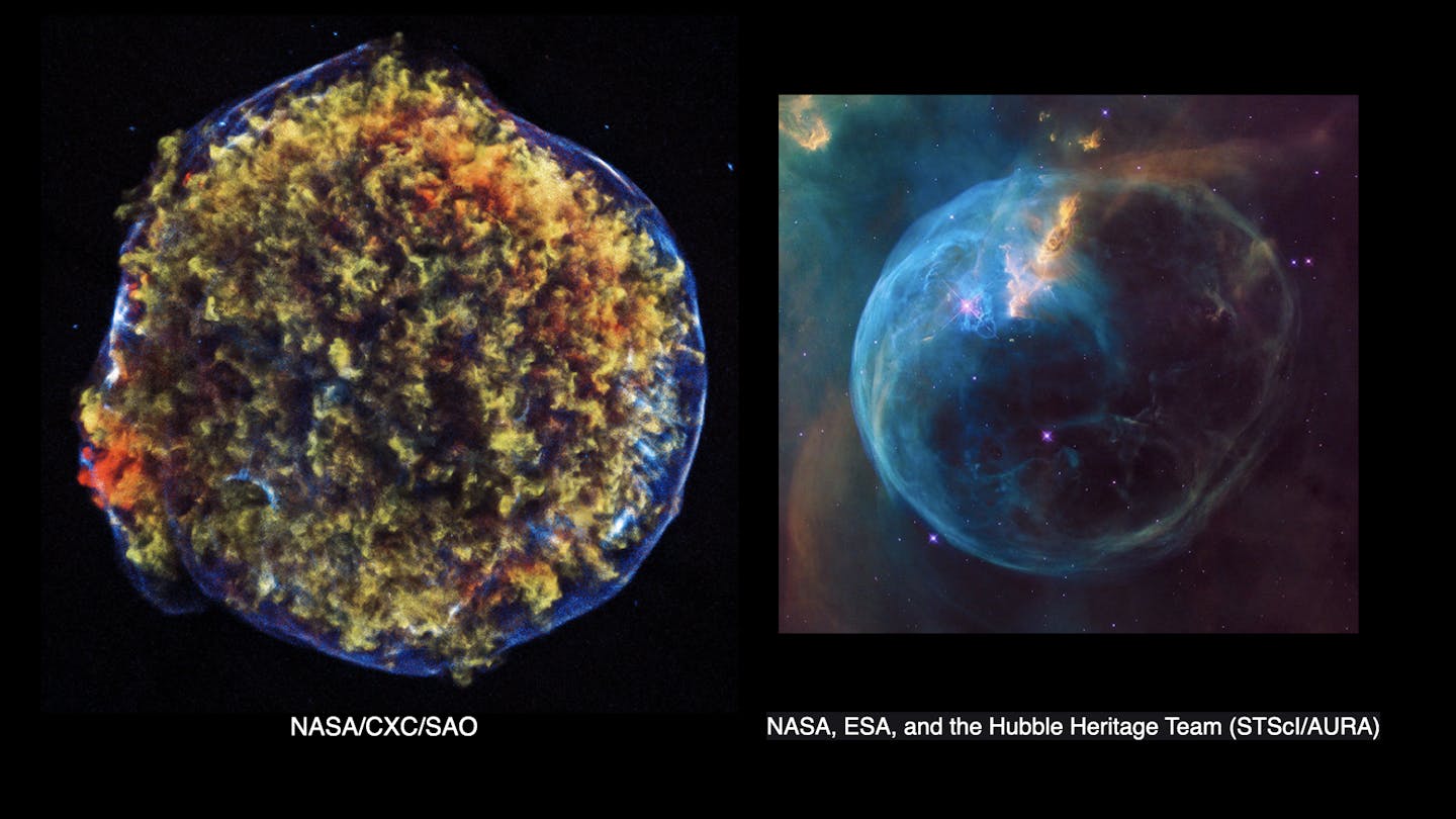 Two images showing spherical illustrations. The left shows a star exploding, shooting out colorful tendrils of light and color. The right shows a cloud of gas fading away.