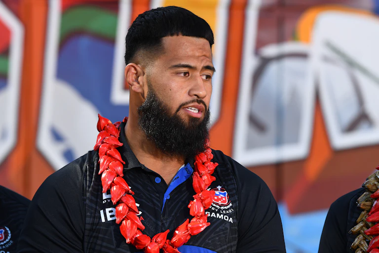 Payne Haas speaks to the media after his decision to play for Samoa.