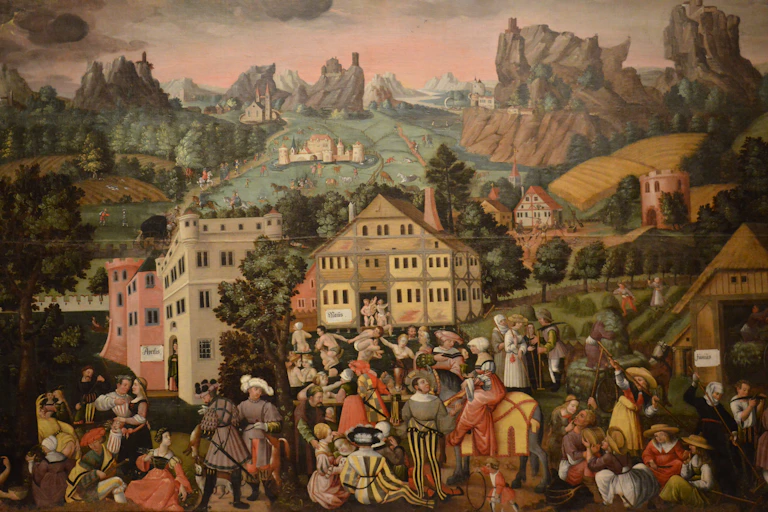 People in a town in summer