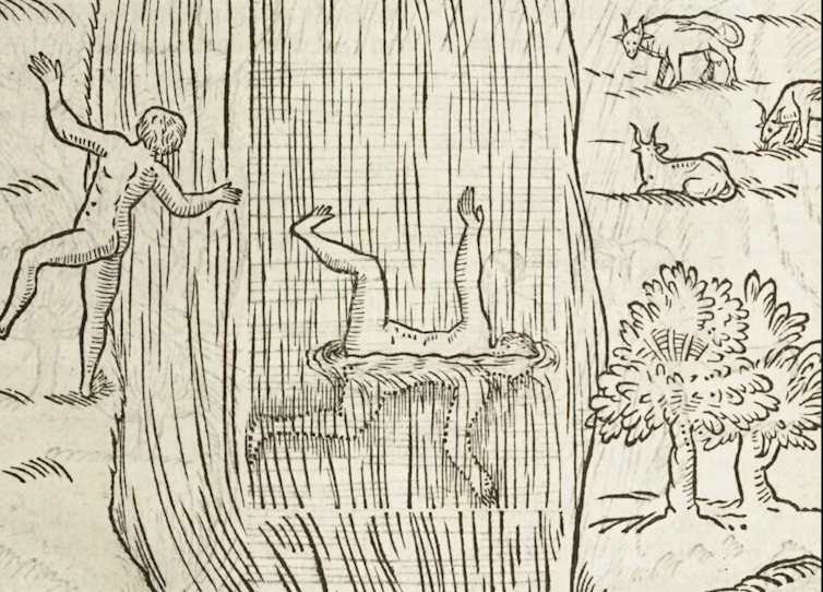 A man falling into water and then drowning.
